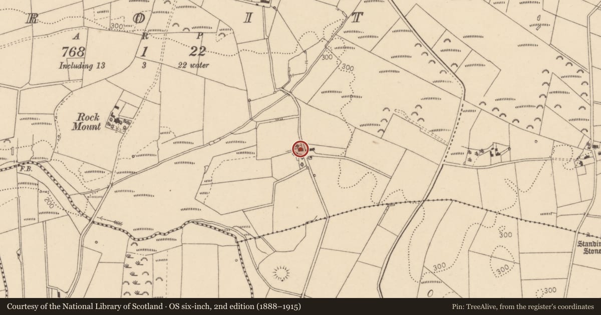 Ordnance Survey six-inch map, 2nd edition (1888–1915) covering the location of 32 Killymore Road, Droit, Fermanagh and Omagh, with a pin at the register's coordinates