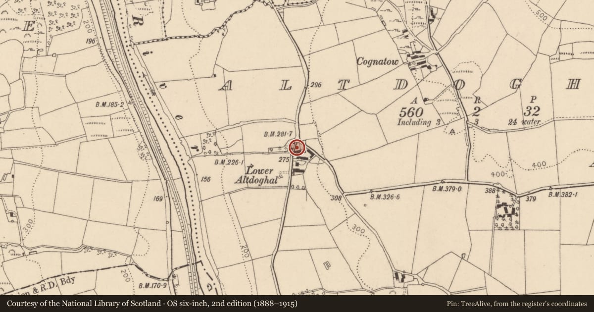 Ordnance Survey six-inch map, 2nd edition (1888–1915) covering the location of 26 Carrigans Road, Lower Altdoghal, Fermanagh and Omagh, with a pin at the register's coordinates