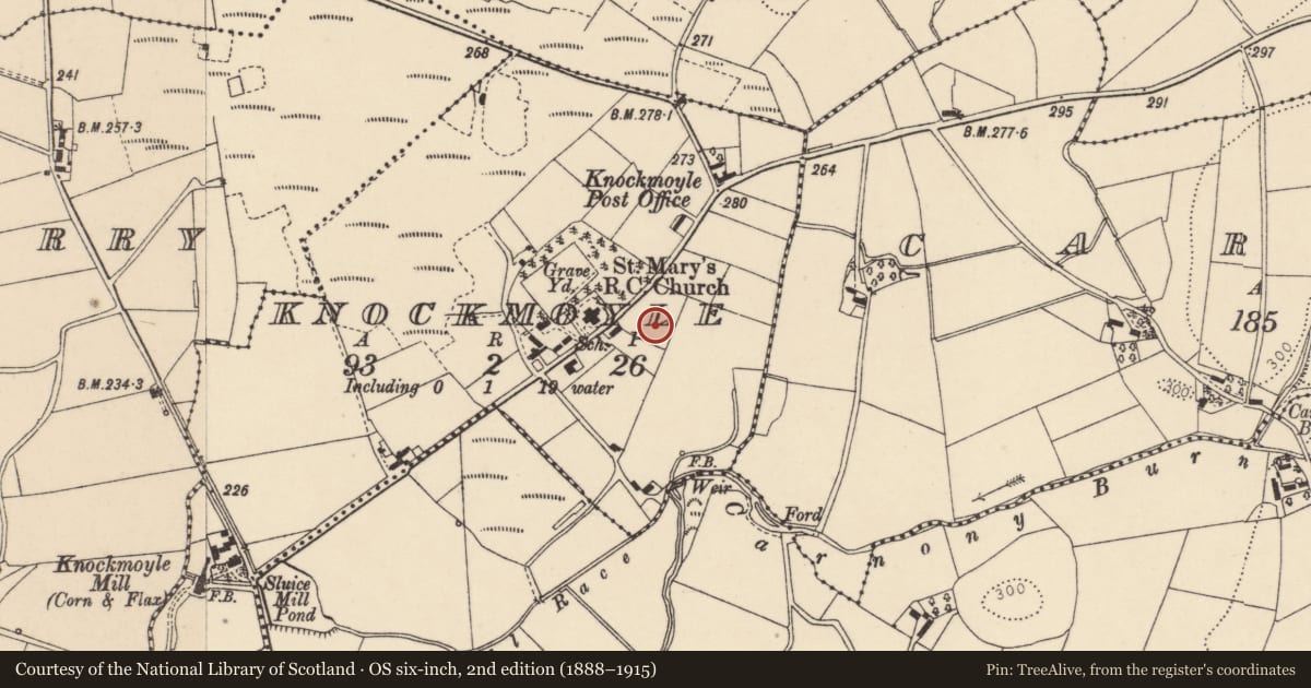 Ordnance Survey six-inch map, 2nd edition (1888–1915) covering the location of Former Parochial House, Knockmoyle, Fermanagh and Omagh, with a pin at the register's coordinates