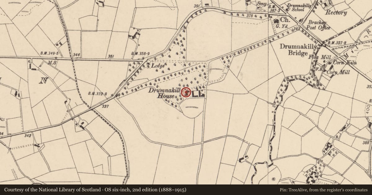 Ordnance Survey six-inch map, 2nd edition (1888–1915) covering the location of Drumnakilly House, Fermanagh and Omagh, with a pin at the register's coordinates