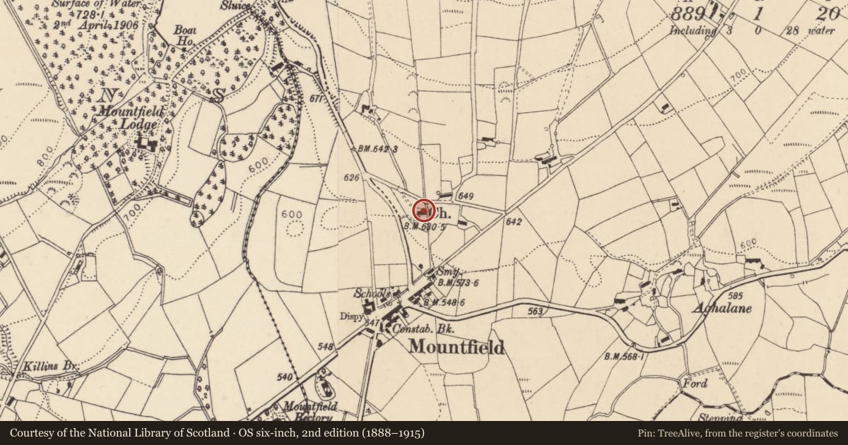 Ordnance Survey six-inch map, 2nd edition (1888–1915) covering the location of Mountfield Parish Church (C of I), Aghalane, Fermanagh and Omagh, with a pin at the register's coordinates