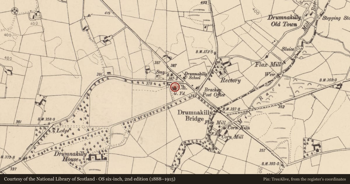 Ordnance Survey six-inch map, 2nd edition (1888–1915) covering the location of Holy Trinity Church (C of I), Drumnakilly, Fermanagh and Omagh, with a pin at the register's coordinates