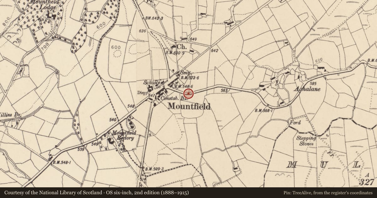 Ordnance Survey six-inch map, 2nd edition (1888–1915) covering the location of Corpus Christi RC Church, Fermanagh and Omagh, with a pin at the register's coordinates