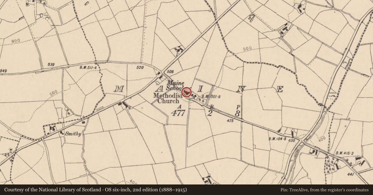 Ordnance Survey six-inch map, 2nd edition (1888–1915) covering the location of Maine Methodist Church, Fermanagh and Omagh, with a pin at the register's coordinates