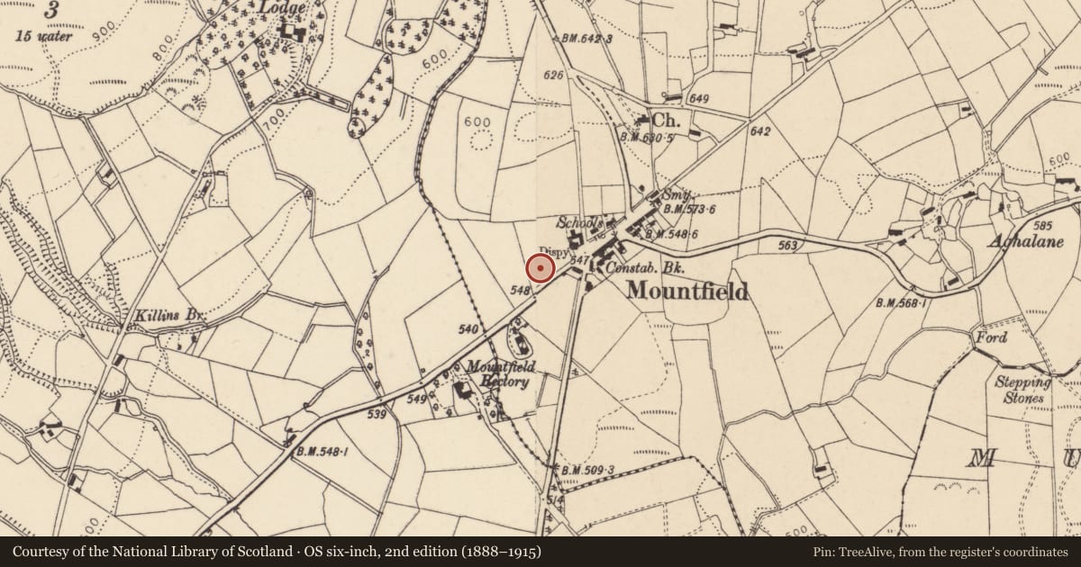 Ordnance Survey six-inch map, 2nd edition (1888–1915) covering the location of Former Police Station, Aghalane, Fermanagh and Omagh, with a pin at the register's coordinates