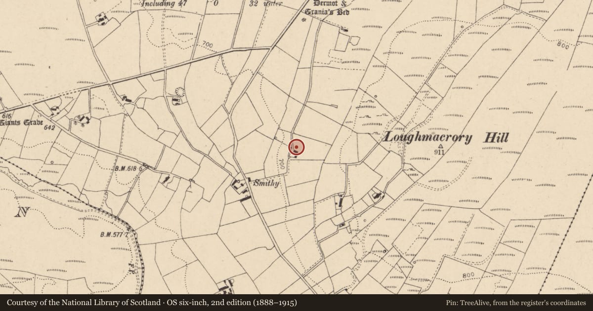 Ordnance Survey six-inch map, 2nd edition (1888–1915) covering the location of House nr 22 Coolaharan Road, Loughmacrory, Fermanagh and Omagh, with a pin at the register's coordinates