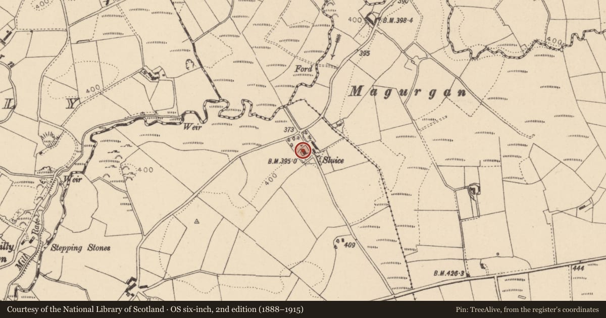 Ordnance Survey six-inch map, 2nd edition (1888–1915) covering the location of 19 Merchantstown Road, Fermanagh and Omagh, with a pin at the register's coordinates