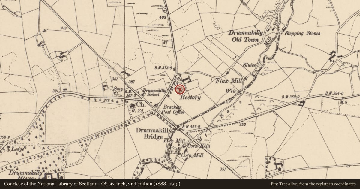 Ordnance Survey six-inch map, 2nd edition (1888–1915) covering the location of Rectory, Drumnakilly, Fermanagh and Omagh, with a pin at the register's coordinates