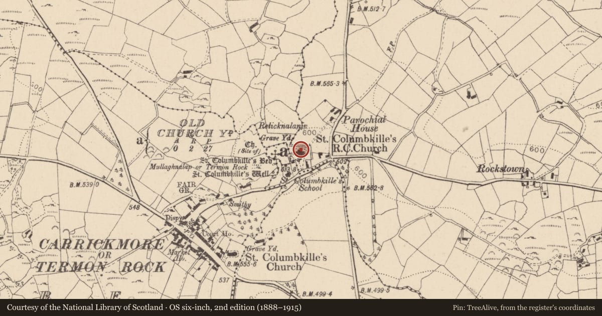 Ordnance Survey six-inch map, 2nd edition (1888–1915) covering the location of St Columbkilles Roman Catholic Church, Creggandevesty, Fermanagh and Omagh, with a pin at the register's coordinates