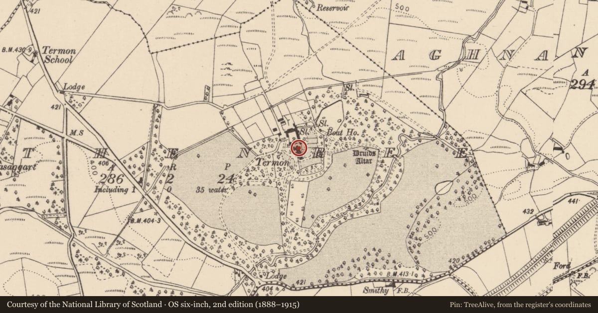 Ordnance Survey six-inch map, 2nd edition (1888–1915) covering the location of Termon House, Athenree, Fermanagh and Omagh, with a pin at the register's coordinates