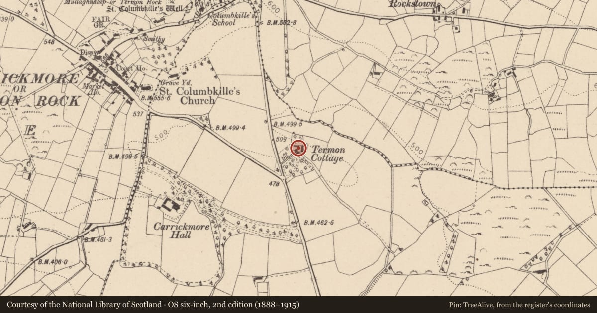 Ordnance Survey six-inch map, 2nd edition (1888–1915) covering the location of Glenview House, Aghagogan, Fermanagh and Omagh, with a pin at the register's coordinates