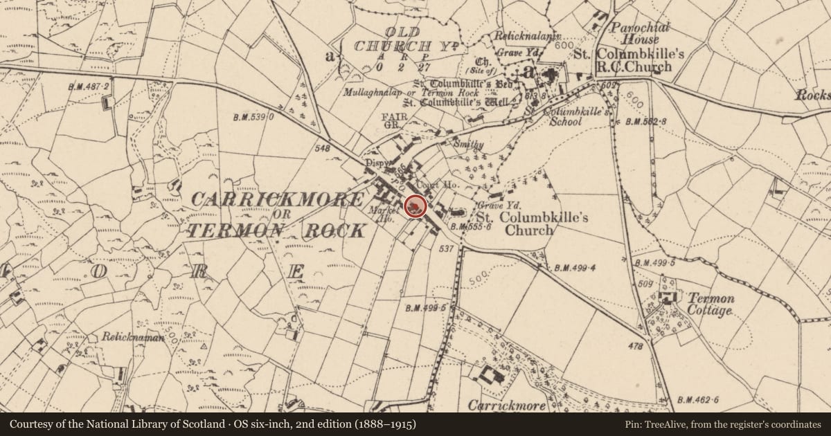 Ordnance Survey six-inch map, 2nd edition (1888–1915) covering the location of Nos 32 & 34 Main Street, Fermanagh and Omagh, with a pin at the register's coordinates