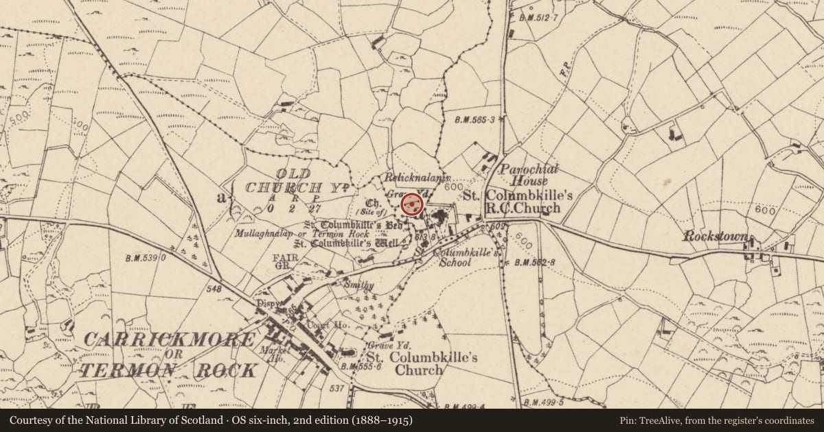Ordnance Survey six-inch map, 2nd edition (1888–1915) covering the location of Old Church Yard (Next to St Columbkilles Roman Catholic Church), Fermanagh and Omagh, with a pin at the register's coordinates