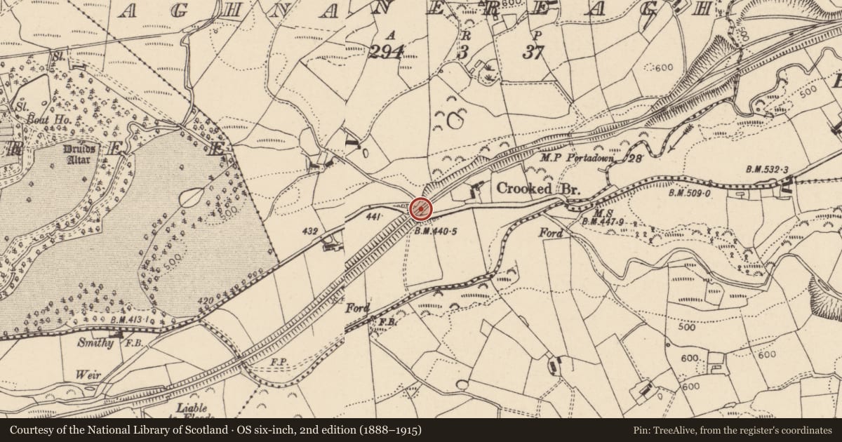 Ordnance Survey six-inch map, 2nd edition (1888–1915) covering the location of Bridge No 4, Fermanagh and Omagh, with a pin at the register's coordinates