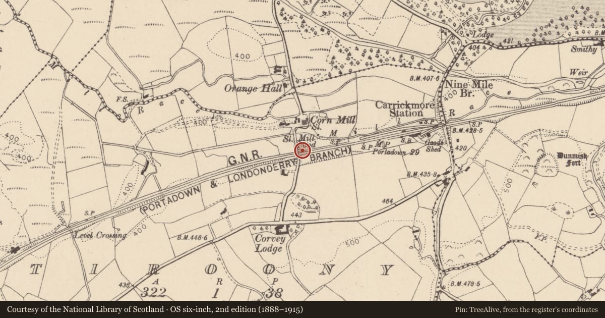 Ordnance Survey six-inch map, 2nd edition (1888–1915) covering the location of Bridge No 7, Fermanagh and Omagh, with a pin at the register's coordinates