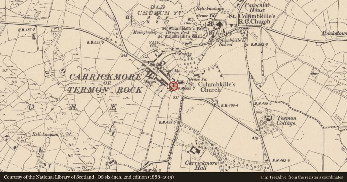 Ordnance Survey six-inch map, 2nd edition (1888–1915) covering the location of 42 Main Street, Carrickmore, Fermanagh and Omagh, with a pin at the register's coordinates