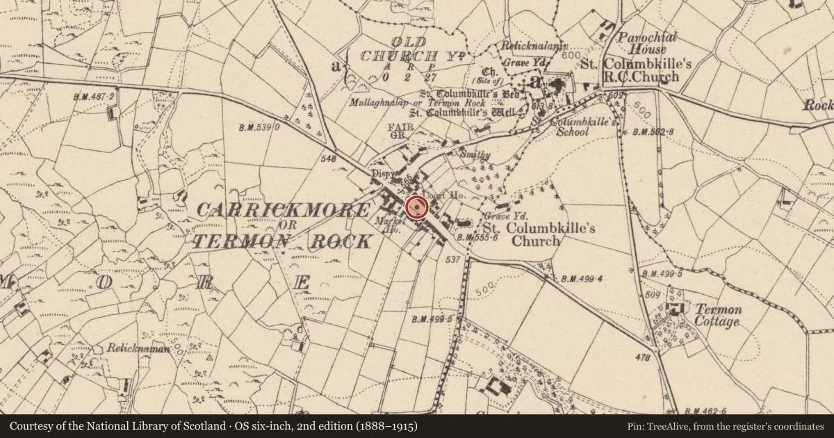 Ordnance Survey six-inch map, 2nd edition (1888–1915) covering the location of 28-30 Main Street, Carrickmore, Fermanagh and Omagh, with a pin at the register's coordinates