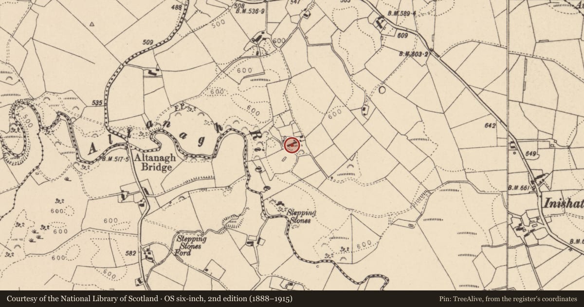 Ordnance Survey six-inch map, 2nd edition (1888–1915) covering the location of 17 Inishative Road, Dunmisk, Fermanagh and Omagh, with a pin at the register's coordinates