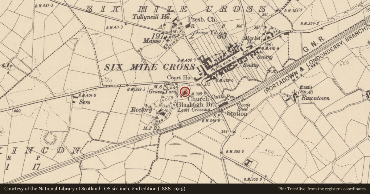 Ordnance Survey six-inch map, 2nd edition (1888–1915) covering the location of St Michael's Church C. of I., Sixmilecross, Fermanagh and Omagh, with a pin at the register's coordinates