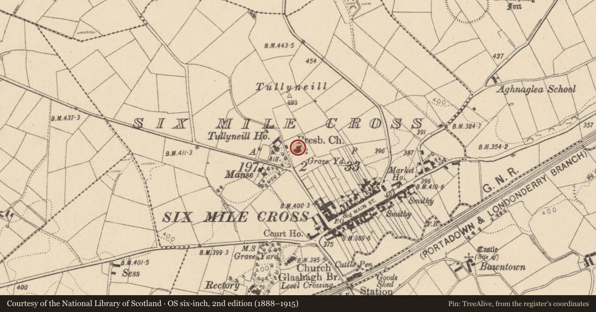 Ordnance Survey six-inch map, 2nd edition (1888–1915) covering the location of Sixmilecross Presbyterian Church, Fermanagh and Omagh, with a pin at the register's coordinates