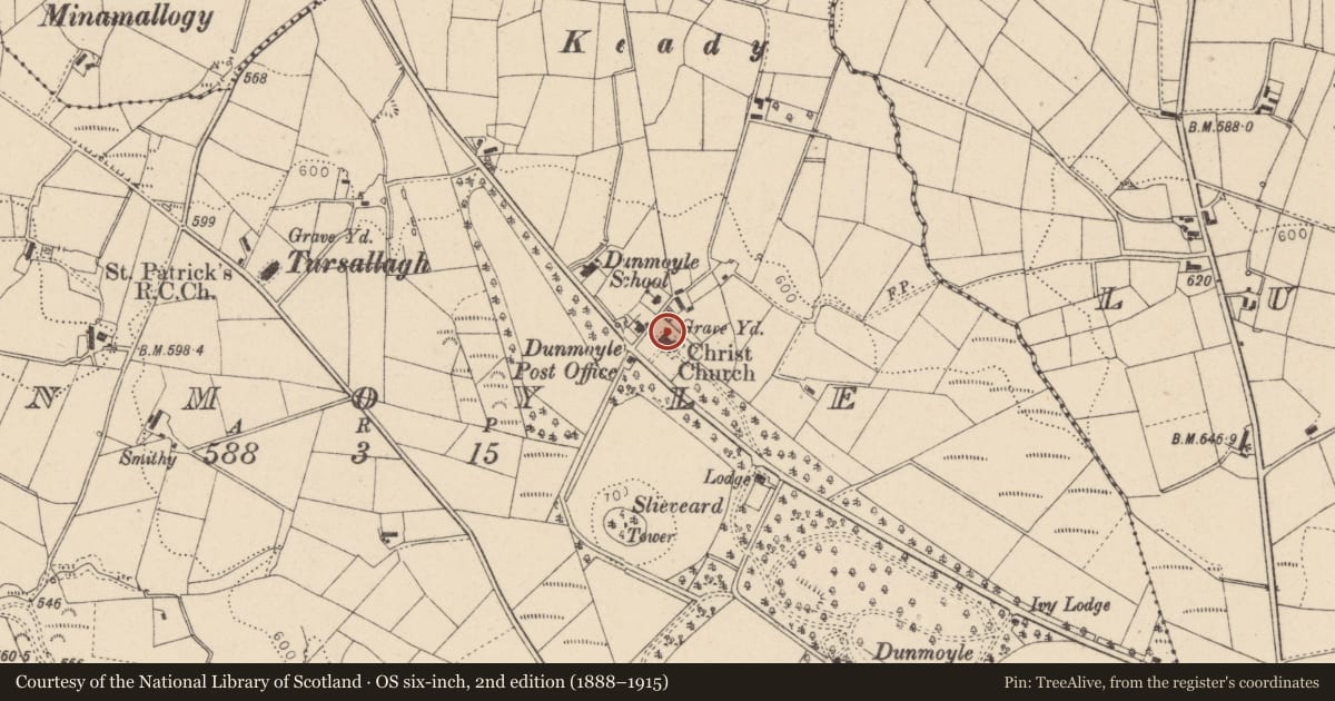 Ordnance Survey six-inch map, 2nd edition (1888–1915) covering the location of Dunmoyle Church of Ireland, Fermanagh and Omagh, with a pin at the register's coordinates
