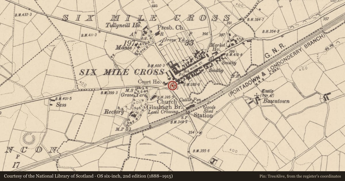 Ordnance Survey six-inch map, 2nd edition (1888–1915) covering the location of 2 Station Road, Fermanagh and Omagh, with a pin at the register's coordinates