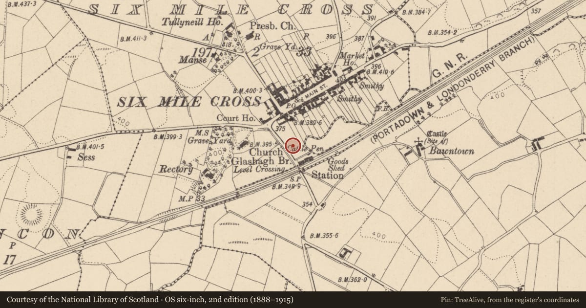 Ordnance Survey six-inch map, 2nd edition (1888–1915) covering the location of No 4 Altamuskin Road, Fermanagh and Omagh, with a pin at the register's coordinates