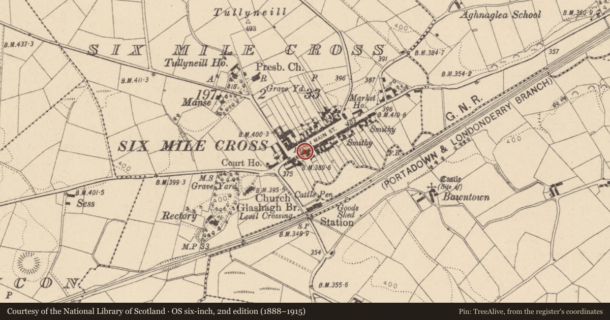 Ordnance Survey six-inch map, 2nd edition (1888–1915) covering the location of 12 Main Street, Fermanagh and Omagh, with a pin at the register's coordinates