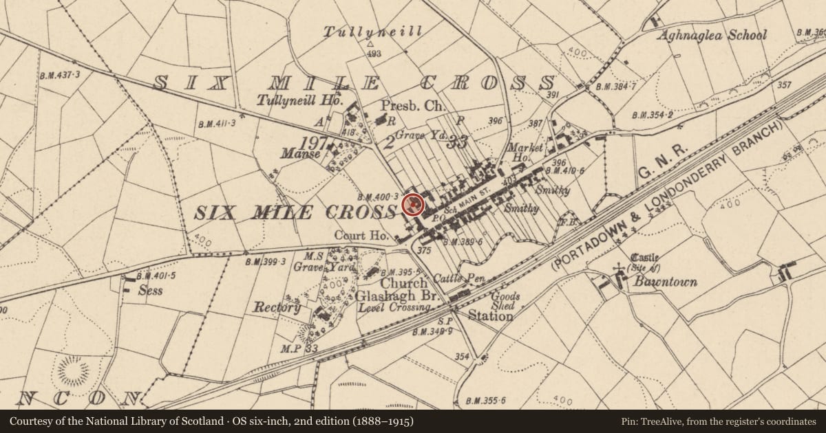 Ordnance Survey six-inch map, 2nd edition (1888–1915) covering the location of Nos 3, 5, 7, Fermanagh and Omagh, with a pin at the register's coordinates