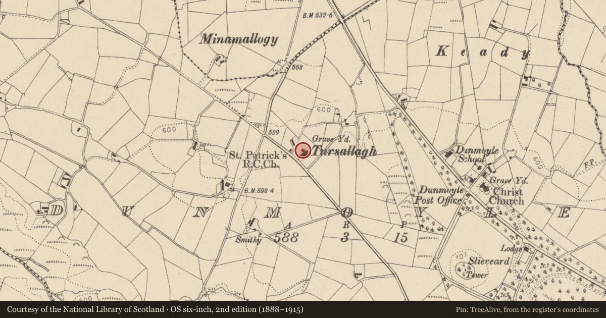 Ordnance Survey six-inch map, 2nd edition (1888–1915) covering the location of St Patricks RC Church, Fermanagh and Omagh, with a pin at the register's coordinates