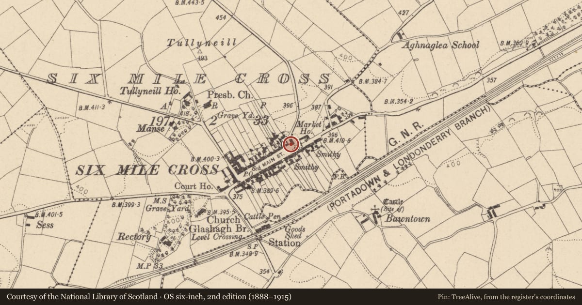 Ordnance Survey six-inch map, 2nd edition (1888–1915) covering the location of Fountain outside 59 Main Street, Sixmilecross, Fermanagh and Omagh, with a pin at the register's coordinates