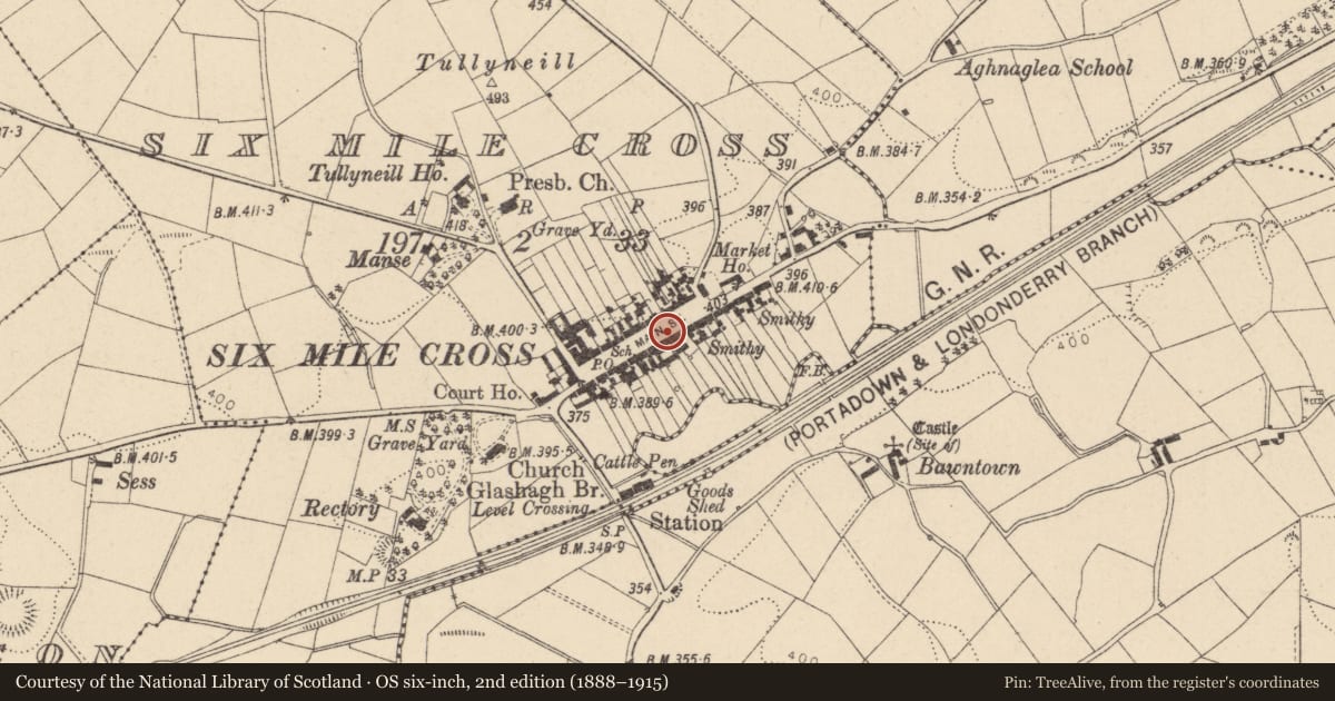 Ordnance Survey six-inch map, 2nd edition (1888–1915) covering the location of Fountain, Sixmilecross, Fermanagh and Omagh, with a pin at the register's coordinates