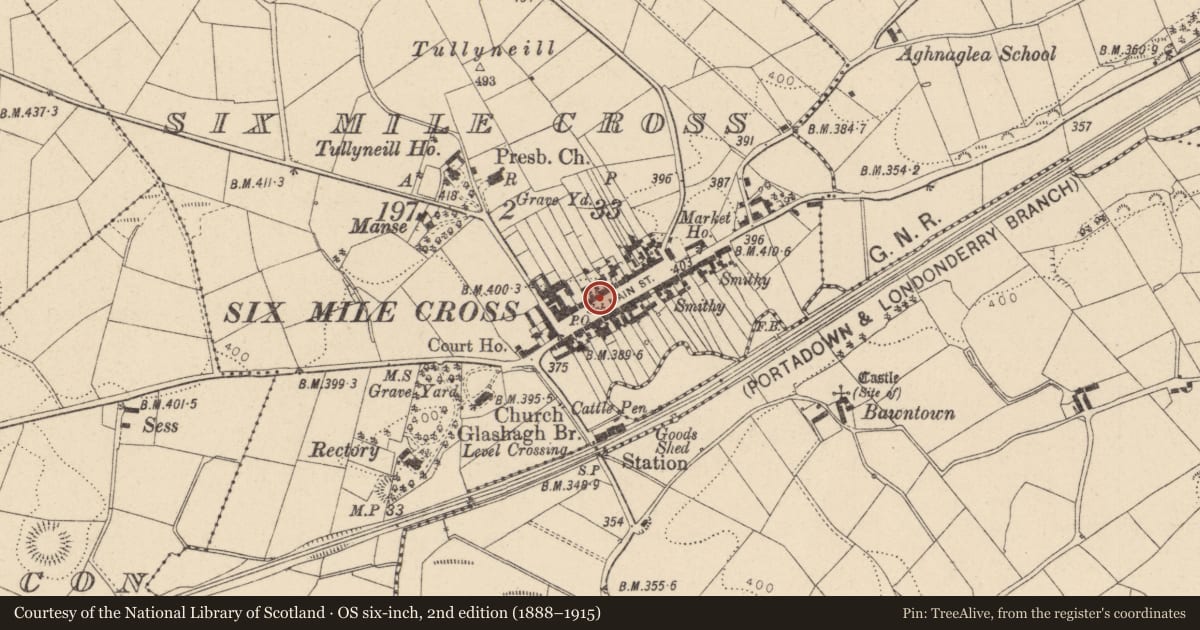 Ordnance Survey six-inch map, 2nd edition (1888–1915) covering the location of Fountain outside 29 Main Street, Sixmilecross, Fermanagh and Omagh, with a pin at the register's coordinates