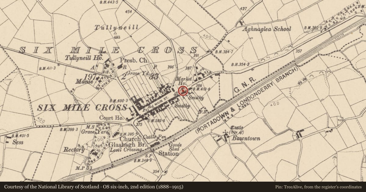 Ordnance Survey six-inch map, 2nd edition (1888–1915) covering the location of Fountain outside 46 Main Street, Sixmilecross, Fermanagh and Omagh, with a pin at the register's coordinates