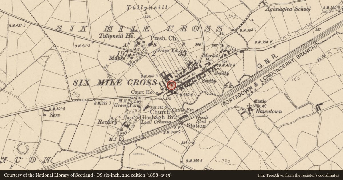 Ordnance Survey six-inch map, 2nd edition (1888–1915) covering the location of Pump outside Weighbridge House, Sixmilecross, Fermanagh and Omagh, with a pin at the register's coordinates