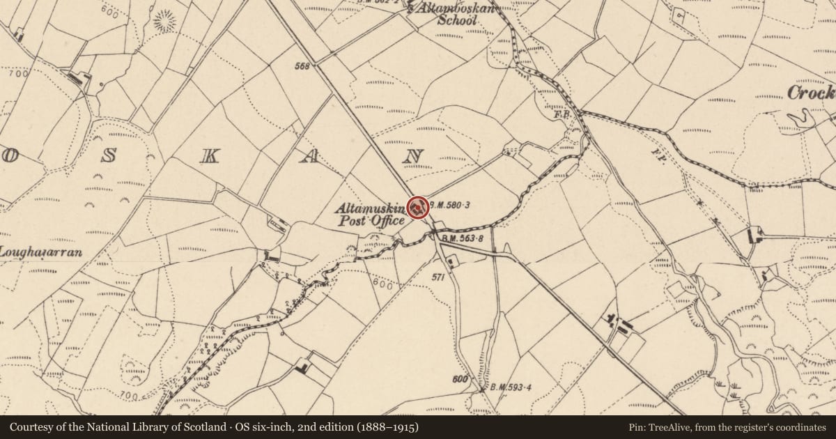 Ordnance Survey six-inch map, 2nd edition (1888–1915) covering the location of Altamuskin Post Office, Fermanagh and Omagh, with a pin at the register's coordinates
