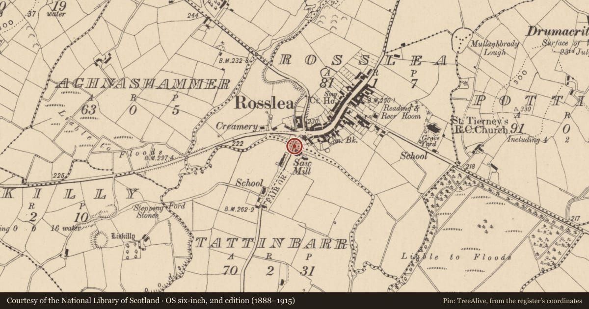 Ordnance Survey six-inch map, 2nd edition (1888–1915) covering the location of Bridge over River Finn, Rosslea/Tattinbarr, Fermanagh and Omagh, with a pin at the register's coordinates