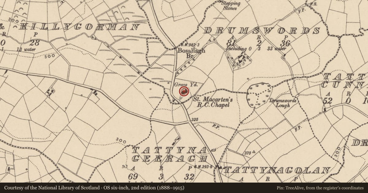 Ordnance Survey six-inch map, 2nd edition (1888–1915) covering the location of St Macarten's R. C. Church, Drumswords, Fermanagh and Omagh, with a pin at the register's coordinates