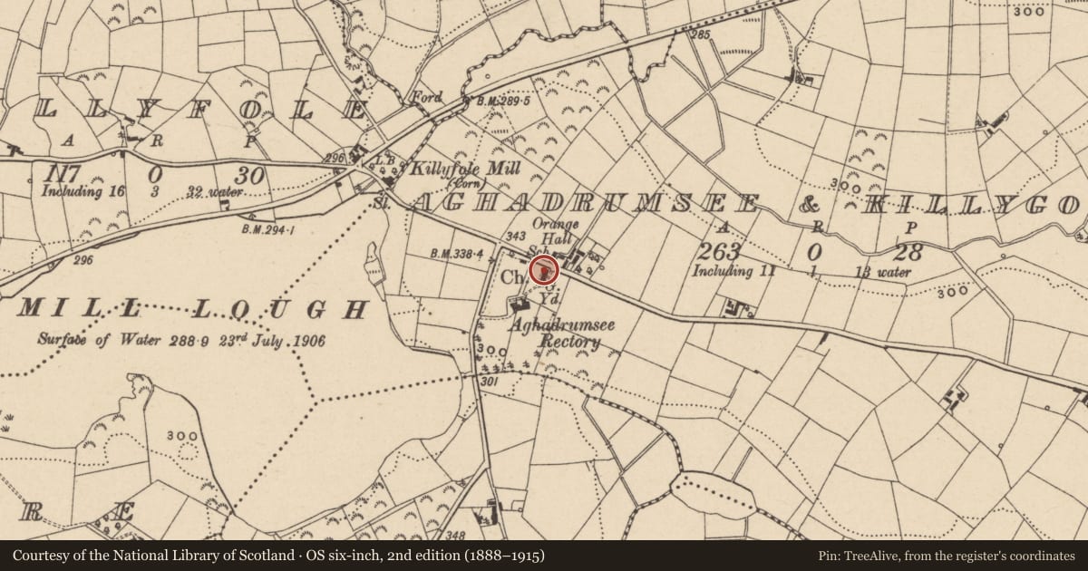 Ordnance Survey six-inch map, 2nd edition (1888–1915) covering the location of Aghadrumsee C. of I. church, Aghadrumsee and Killygorman, Fermanagh and Omagh, with a pin at the register's coordinates