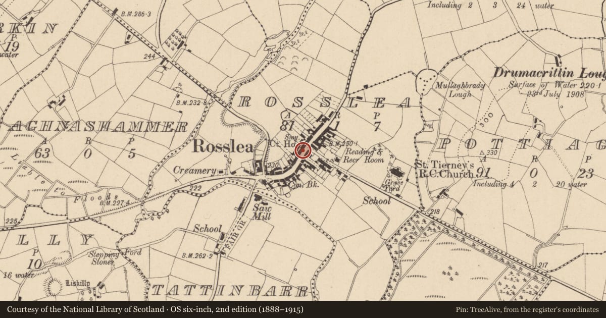 Ordnance Survey six-inch map, 2nd edition (1888–1915) covering the location of Next to 38-40 Main Street, Rosslea, with a pin at the register's coordinates