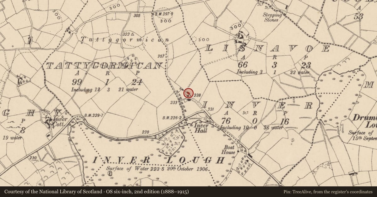 Ordnance Survey six-inch map, 2nd edition (1888–1915) covering the location of 104 Inver Road, Fermanagh, with a pin at the register's coordinates