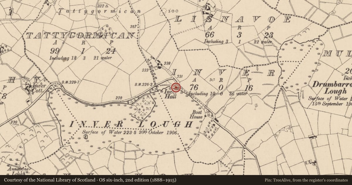 Ordnance Survey six-inch map, 2nd edition (1888–1915) covering the location of Inver Orange Hall, Fermanagh, with a pin at the register's coordinates