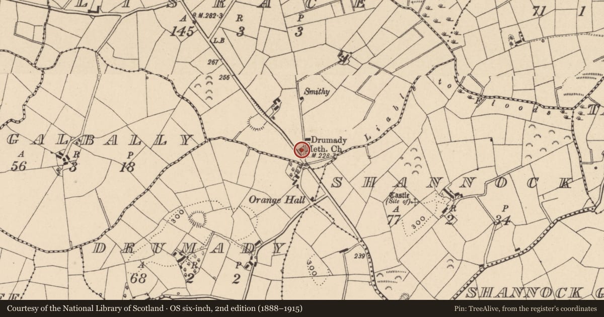 Ordnance Survey six-inch map, 2nd edition (1888–1915) covering the location of Drumady Methodist Church, Lisrace, Fermanagh and Omagh, with a pin at the register's coordinates