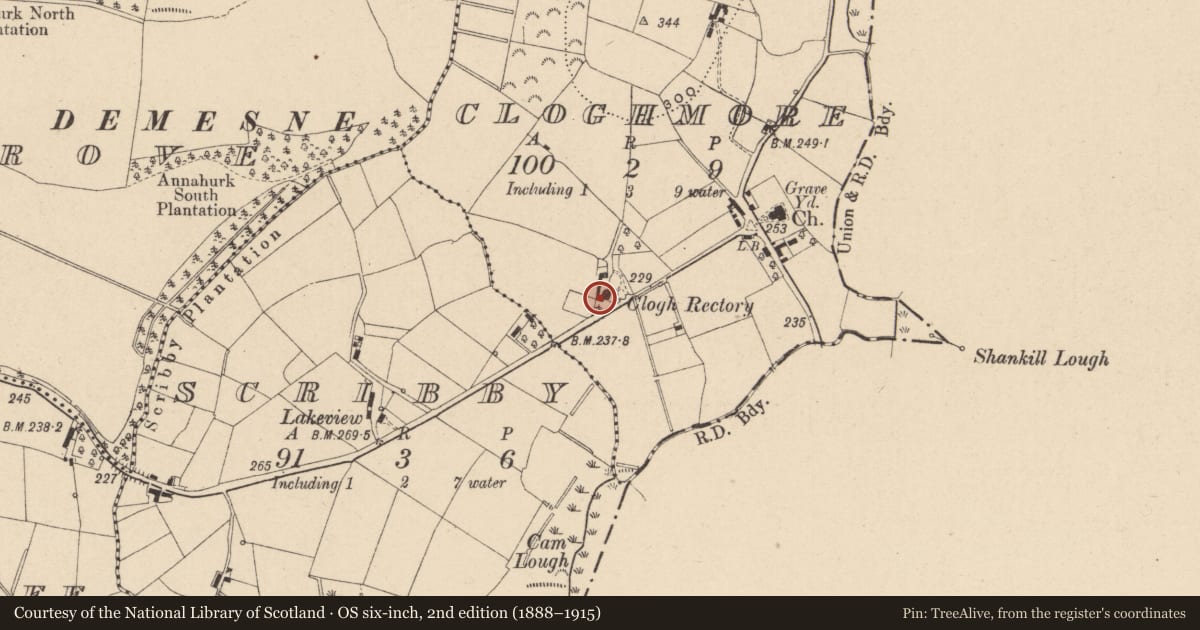 Ordnance Survey six-inch map, 2nd edition (1888–1915) covering the location of Clogh Rectory, Cloghmore, Fermanagh and Omagh, with a pin at the register's coordinates