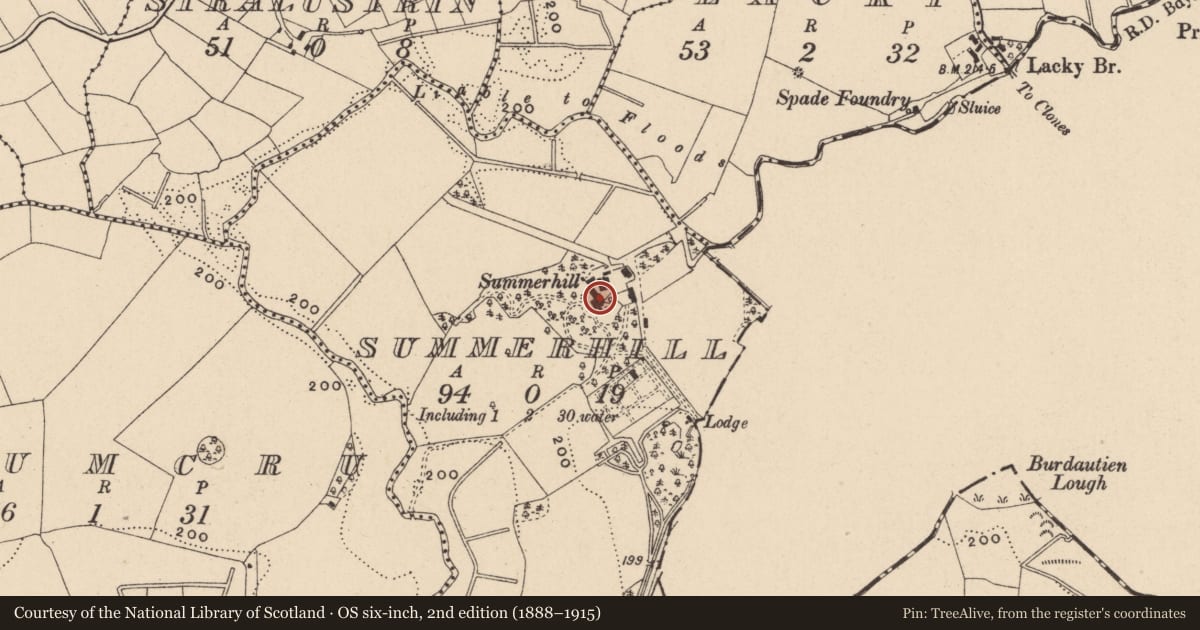 Ordnance Survey six-inch map, 2nd edition (1888–1915) covering the location of Summerhill House, Fermanagh and Omagh, with a pin at the register's coordinates