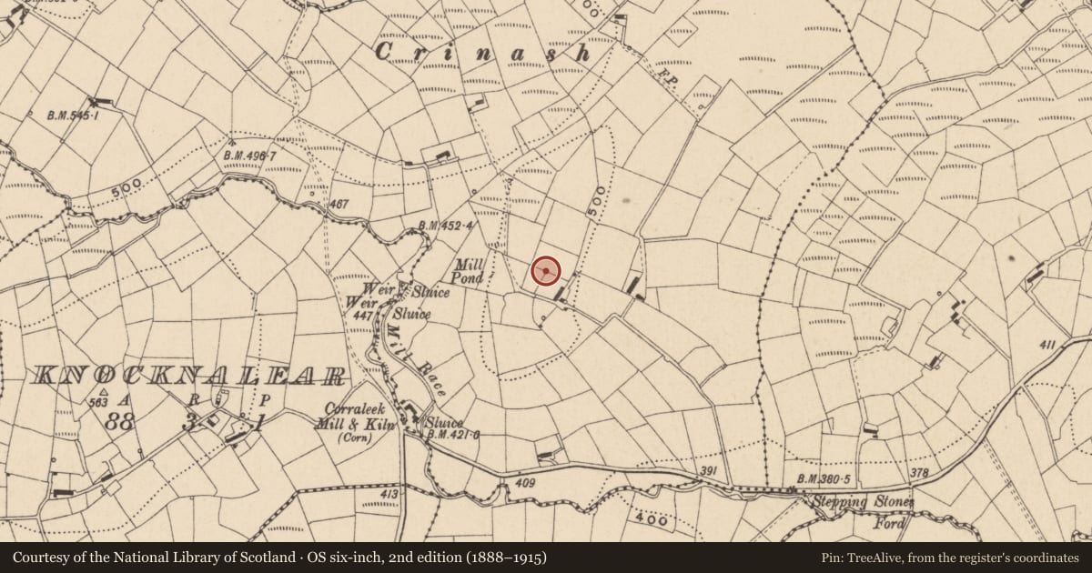 Ordnance Survey six-inch map, 2nd edition (1888–1915) covering the location of Sweat House, Corraleek, Fermanagh and Omagh, with a pin at the register's coordinates