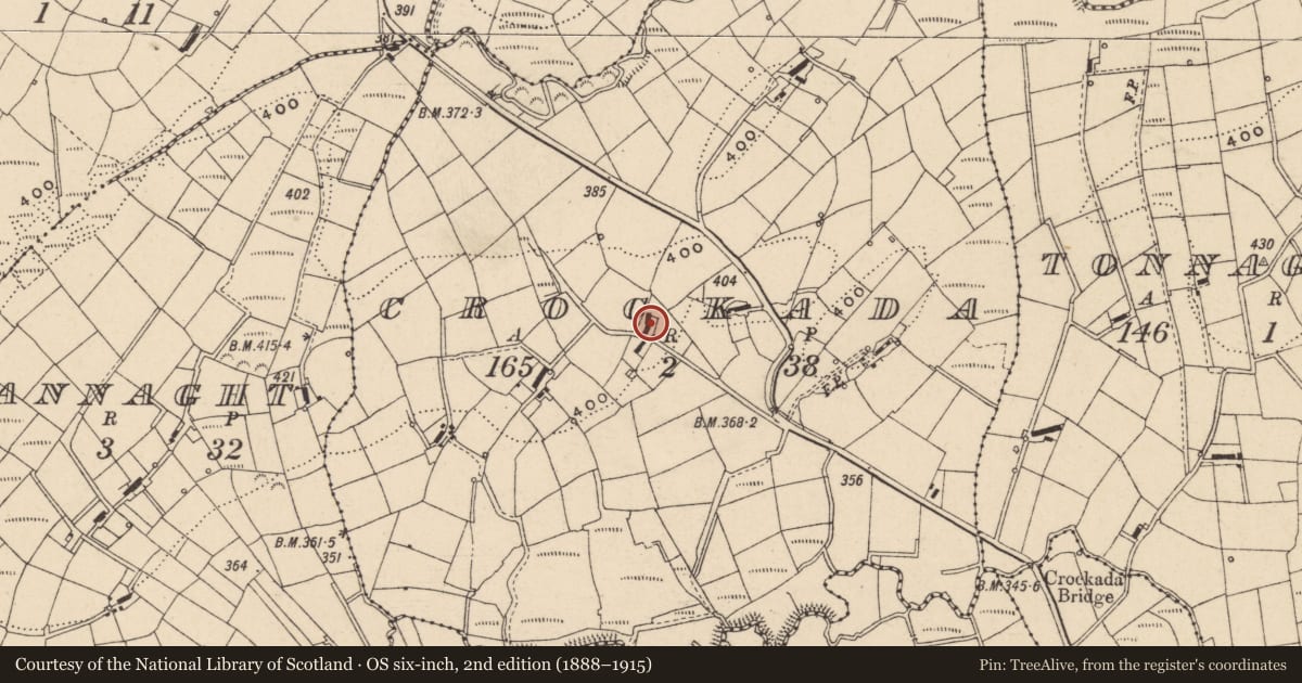 Ordnance Survey six-inch map, 2nd edition (1888–1915) covering the location of Outbuildings, Crockada, Fermanagh and Omagh, with a pin at the register's coordinates