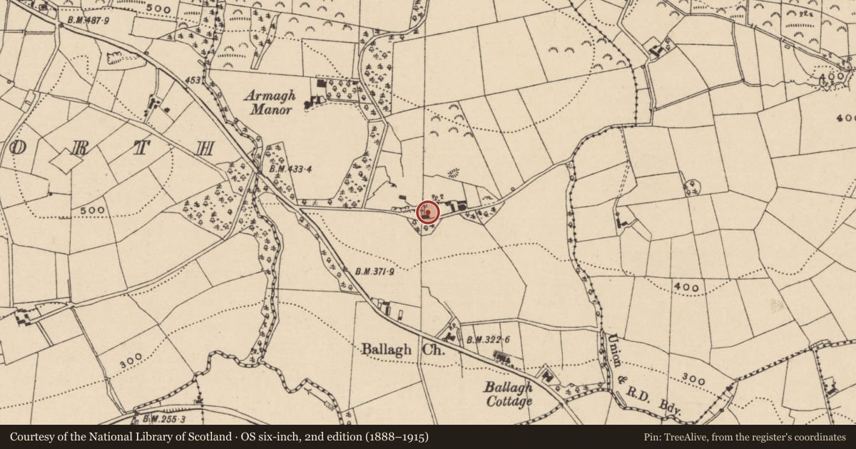 Ordnance Survey six-inch map, 2nd edition (1888–1915) covering the location of Lime Kiln, Ballagh, Fermanagh and Omagh, with a pin at the register's coordinates
