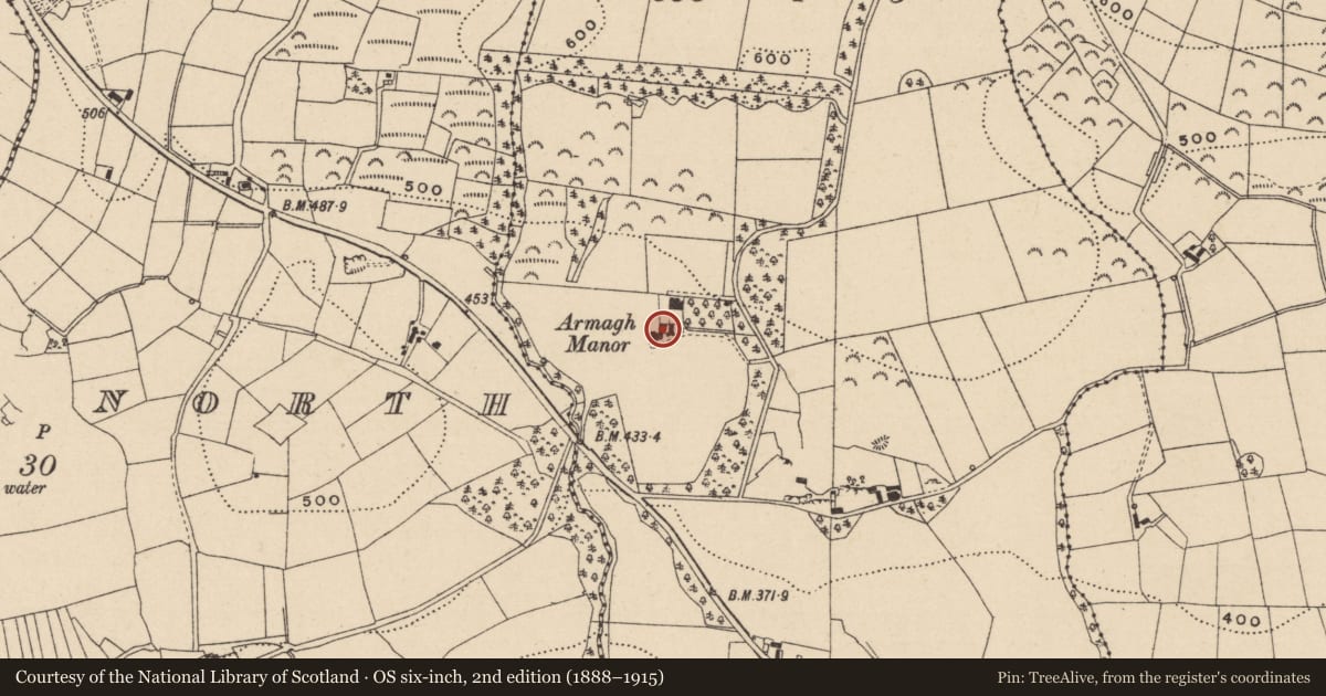 Ordnance Survey six-inch map, 2nd edition (1888–1915) covering the location of Armagh Manor, Fermanagh and Omagh, with a pin at the register's coordinates