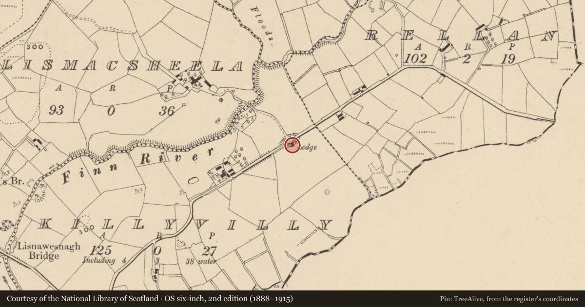 Ordnance Survey six-inch map, 2nd edition (1888–1915) covering the location of Gate House, Killyvilly, Fermanagh and Omagh, with a pin at the register's coordinates